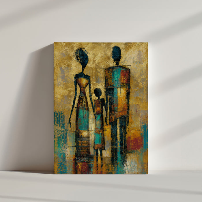 Tableau africain famille stylisée abstraite fond doré décoration murale ambiance minimaliste épurée