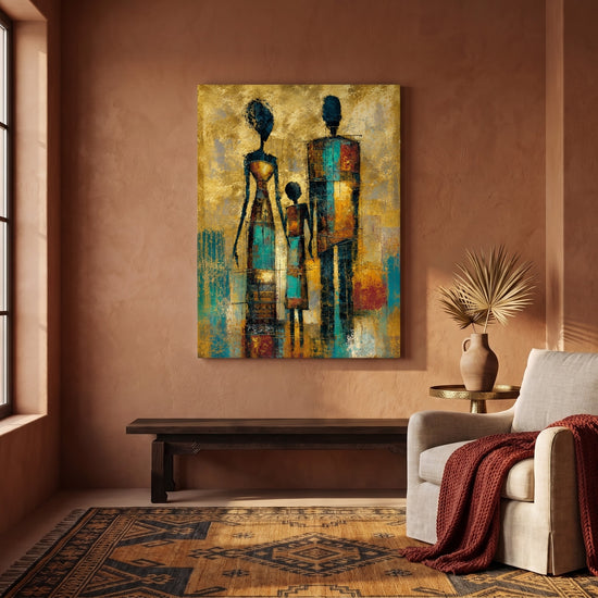 Tableau africain famille stylisée abstraite doré turquoise orange décoration murale salon ethnique