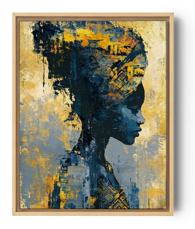 Afrikaans canvas schilderij van een vrouw in profiel, blauw-gouden patronen, hedendaagse kunst