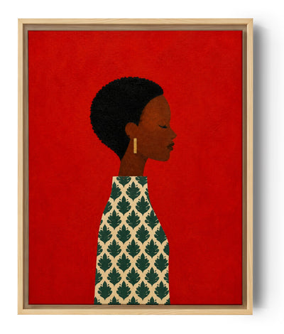 Porträt afrikanische Frau im Profil, roter Hintergrund, goldene Ohrringe, moderner Kunstdruck