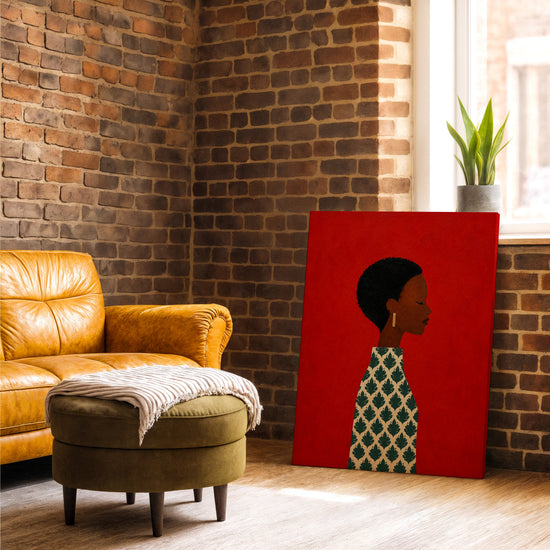 Tableau africain femme élégante profil fond rouge décoration salon mur brique fauteuil cuir camel