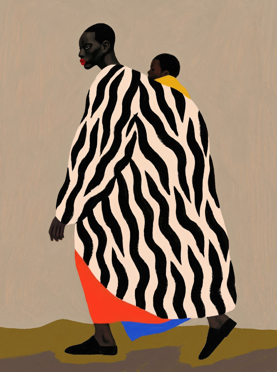 African Mother and Child Painting – Graphic Zebra Motif, Contemporary Wall Art