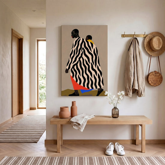 Contemporary African wall art of mother and child with zebra motif, modern home decor
