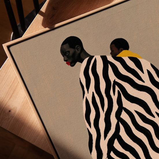 African mother and child on canvas with zebra-patterned wrap, contemporary art, golden oak frame