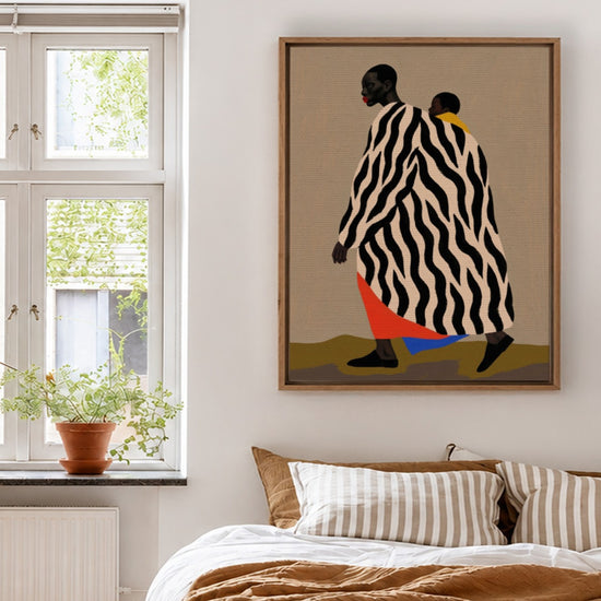 African mother and child artwork, zebra pattern, colorful accents, neutral bedroom decor