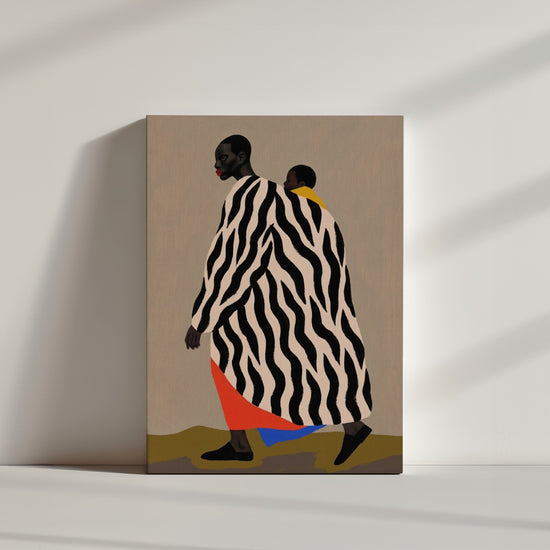African mother and child painting, zebra cloak, contemporary wall decor, minimalist style