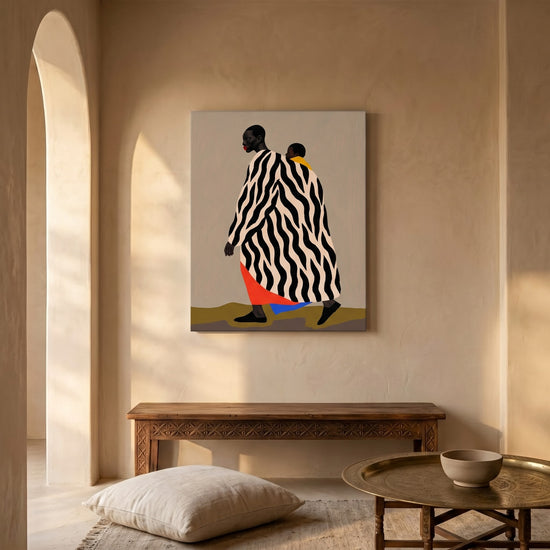 African art painting of woman carrying child, zebra motif, colorful accents for living room