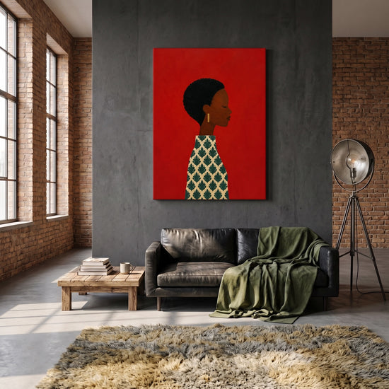 Tableau africain femme de profil élégante fond rouge vif décoration murale salon moderne