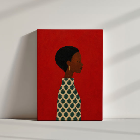 Tableau africain femme de profil élégante fond rouge vif motifs tropicaux ambiance minimaliste épurée