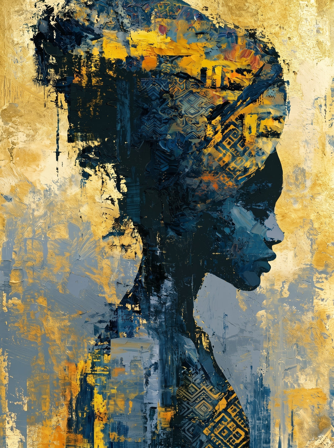 Tableau sur toile Femme africaine de profil - Reine aux motifs ancestraux bleu et or