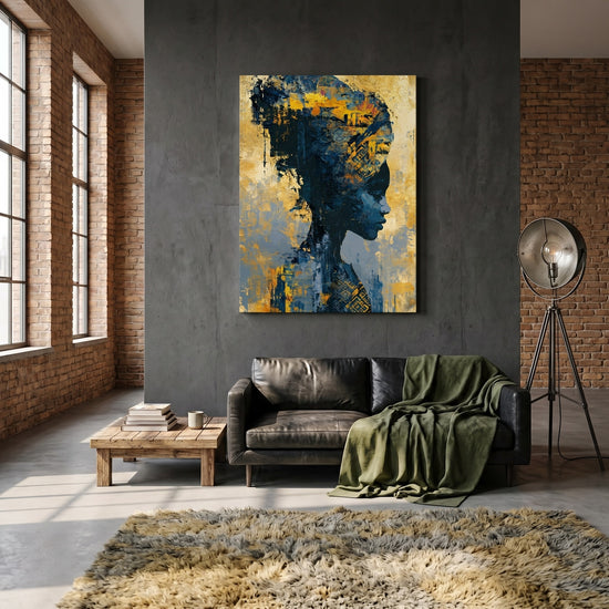 Tableau africain femme de profil motifs tribaux bleu doré décoration murale salon contemporain