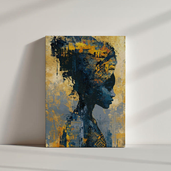Tableau africain femme de profil motifs tribaux bleu doré dans intérieur minimaliste blanc