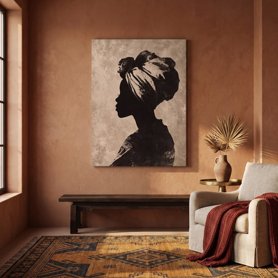 Tableau africain femme turban traditionnel noir beige vintage décoration murale salon ethnique