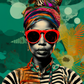  Cette toile affiche une femme africaine au turban vibrant et lunettes de soleil rouges, dégageant une forte présence de style.