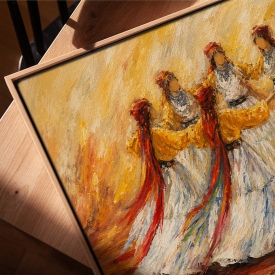 Tableau africain femmes dansant robes blanches voiles colorés décoration salon chêne doré