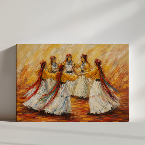 Tableau africain femmes dansant robes blanches voiles colorés ambiance minimaliste mur blanc