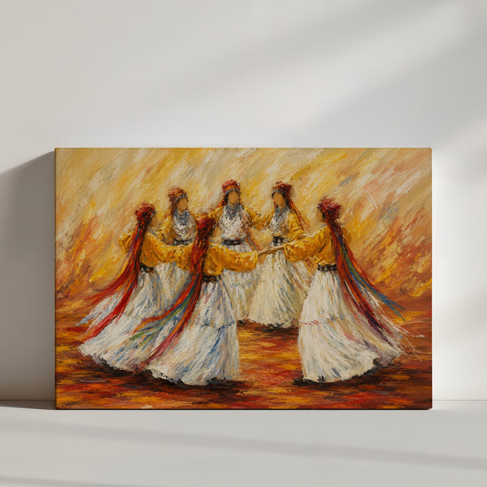 Tableau africain femmes dansant robes blanches voiles colorés ambiance minimaliste mur blanc