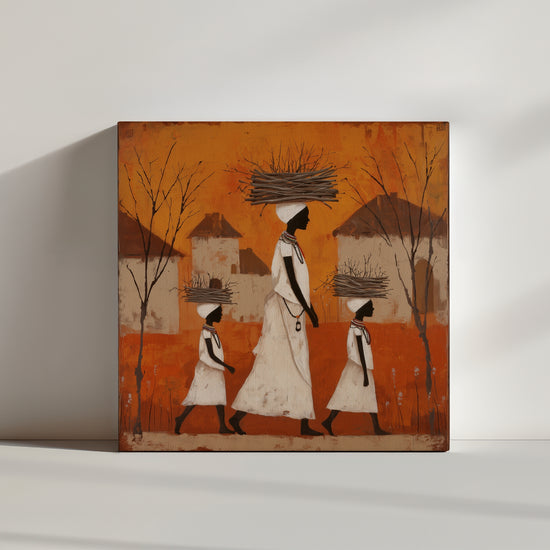 Tableau africain femmes portant fagots tons orangés style ethnique ambiance minimaliste épurée