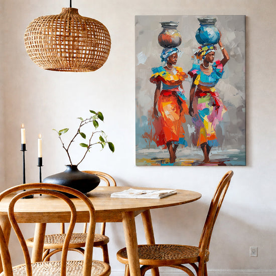 African wall art, two women with jars, colorful attire, modern global-inspired decor