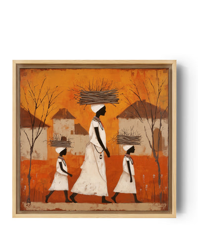 Afrikanisches Wandbild Frauen tragen Reisigbündel in Orangetönen im ethnischen Stil, dekorative Wandkunst