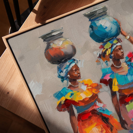 African painting of women carrying jars, colorful outfits, modern living room, oak frame