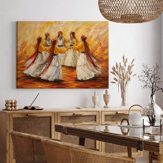 Tableau africain femmes en robes blanches dansant voiles colorés pour décoration salon salle à manger tons chauds