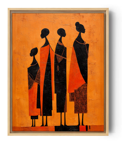 Tableau africain femmes stylisées silhouettes noires fond orange texture art ethnique décoratif