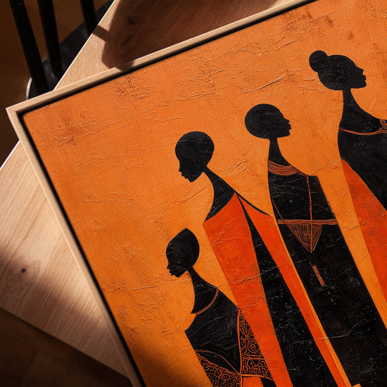 Tableau africain femmes stylisées fond orange texture ethnique pour décoration salon moderne