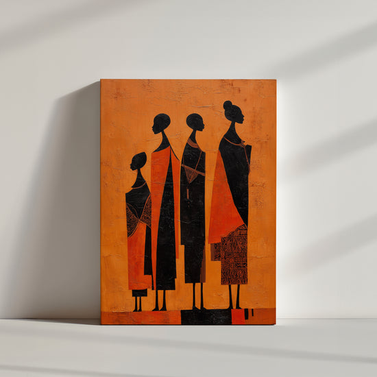 Tableau africain femmes stylisées silhouettes noires fond orange art ethnique déco salon contemporain