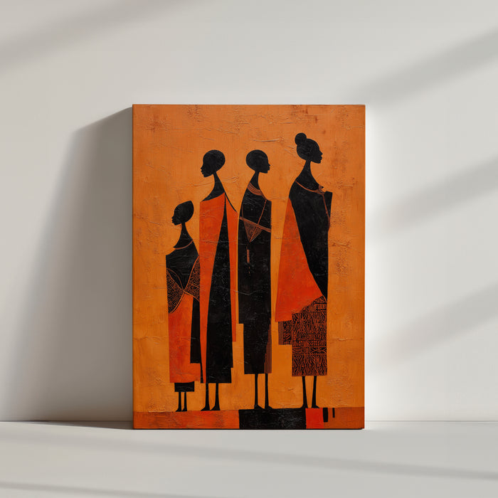 Tableau africain femmes stylisées silhouettes noires fond orange art ethnique déco salon contemporain