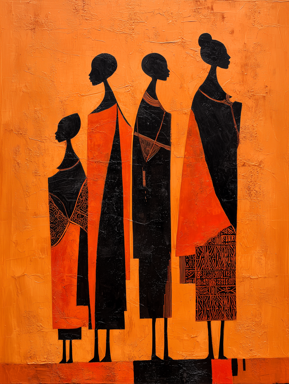 Tableau africain Femmes en procession - Transmission et dignité sur fond orange