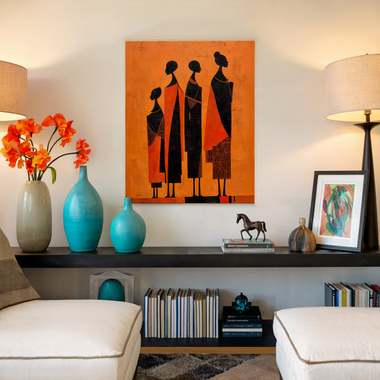 Tableau africain femmes stylisées silhouettes noires fond orange pour décoration salon minimaliste