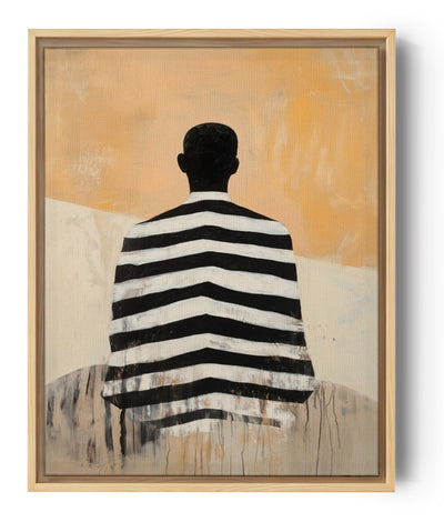 African wall art with man in striped boubou, warm ochre backdrop, close view