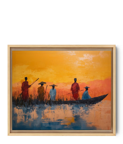 Tableau africain pêcheurs en pirogue au coucher de soleil tons orangés et bleus