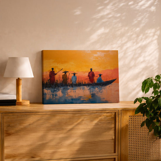 Tableau africain pêcheurs pirogue coucher soleil tons orangés décoration salon buffet chêne