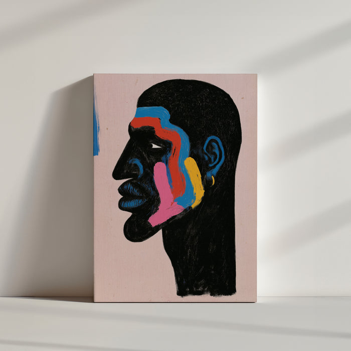 Tableau africain portrait profil traits colorés bleu rouge rose présentation produit toile décorative