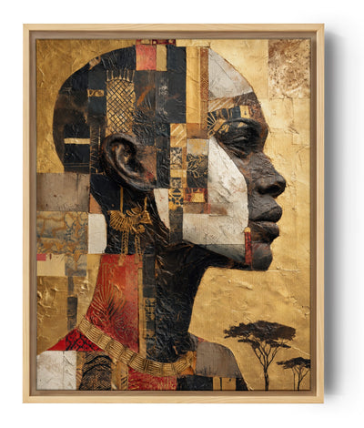 Tableau africain profil féminin mosaïque dorée motifs ethniques style contemporain