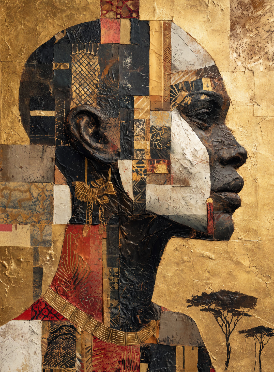 Tableau africain Profil de reine - Or ancestral et motifs wax