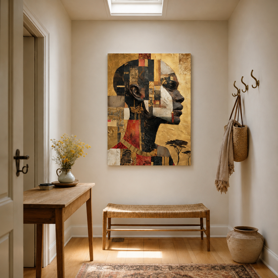 Cuadro africano perfil femenino mosaico dorado con estampados wax para decoración de salón contemporáneo