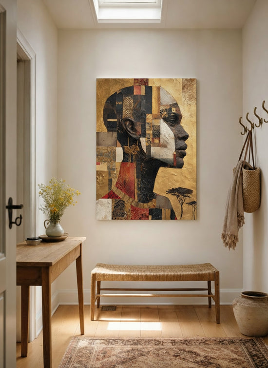 Tableau africain profil féminin mosaïque dorée motifs ethniques décoration salon contemporain