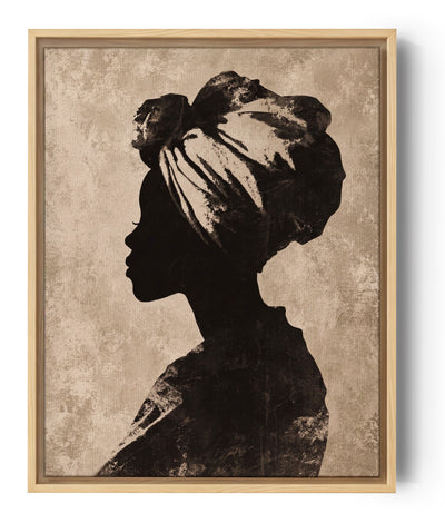 Tableau africain silhouette femme turban traditionnel beige noir style vintage art mural ethnique