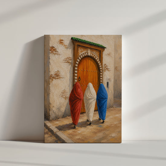 Tableau africain trois femmes voilées médina ocre rouge décoration murale ambiance épurée