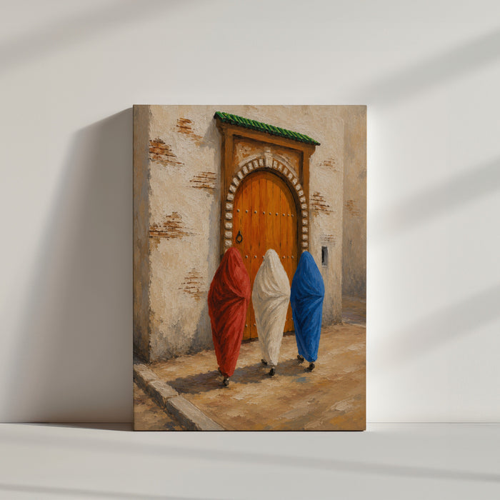 Tableau africain trois femmes voilées médina ocre rouge décoration murale ambiance épurée