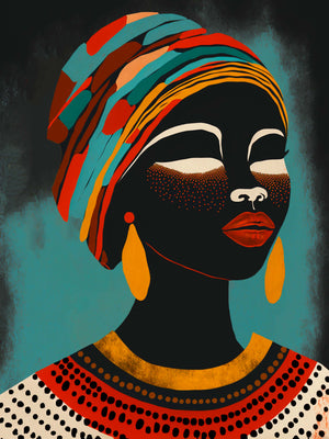 African woman painting in warm colors, vector style, ethnic patterns