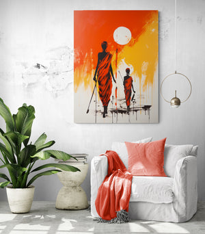 Dans un coin lumineux au style contemporain, un fauteuil blanc habillé d’un plaid corail est accompagné d’un coussin assorti. À gauche, une plante verte apporte une touche de fraîcheur naturelle. Au-dessus, un tableau aux teintes chaudes d’orange et de jaune représente deux silhouettes africaines marchant sous un soleil éclatant.