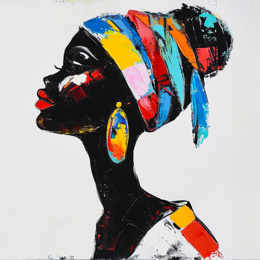 toile femme africaine de profil, boucle d'oreille ovale, éléments colorés.