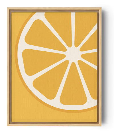 Sobre un fondo naranja vivo, una ilustración plana de una rodaja bien redonda de una naranja. Se pueden apreciar los gajos y el mesocarpio blanco.