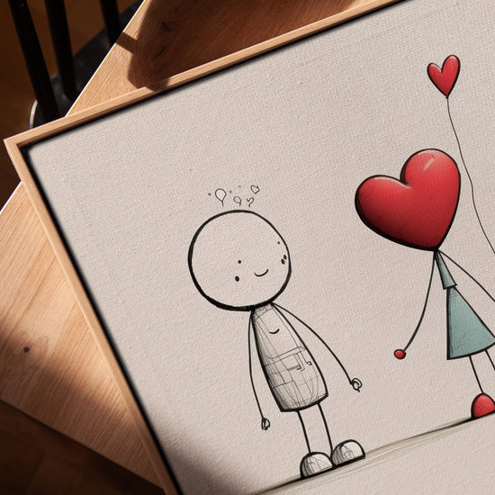 Romantic couple with red heart wall art for minimalist living room decor