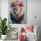 pièce de vie, fauteuil confortable, coussin et plaid rose, table d'appoint moderne, plante verte, lumière en suspension, grand tableau lion.