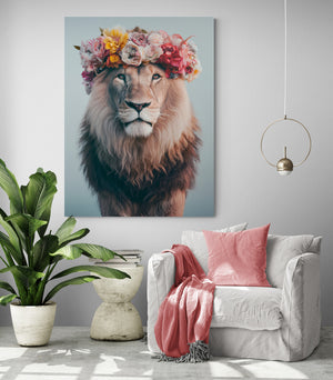 living room, comfortable chair, pink cushion and throw, modern side table, green plant, pendant lighting, large lion painting.